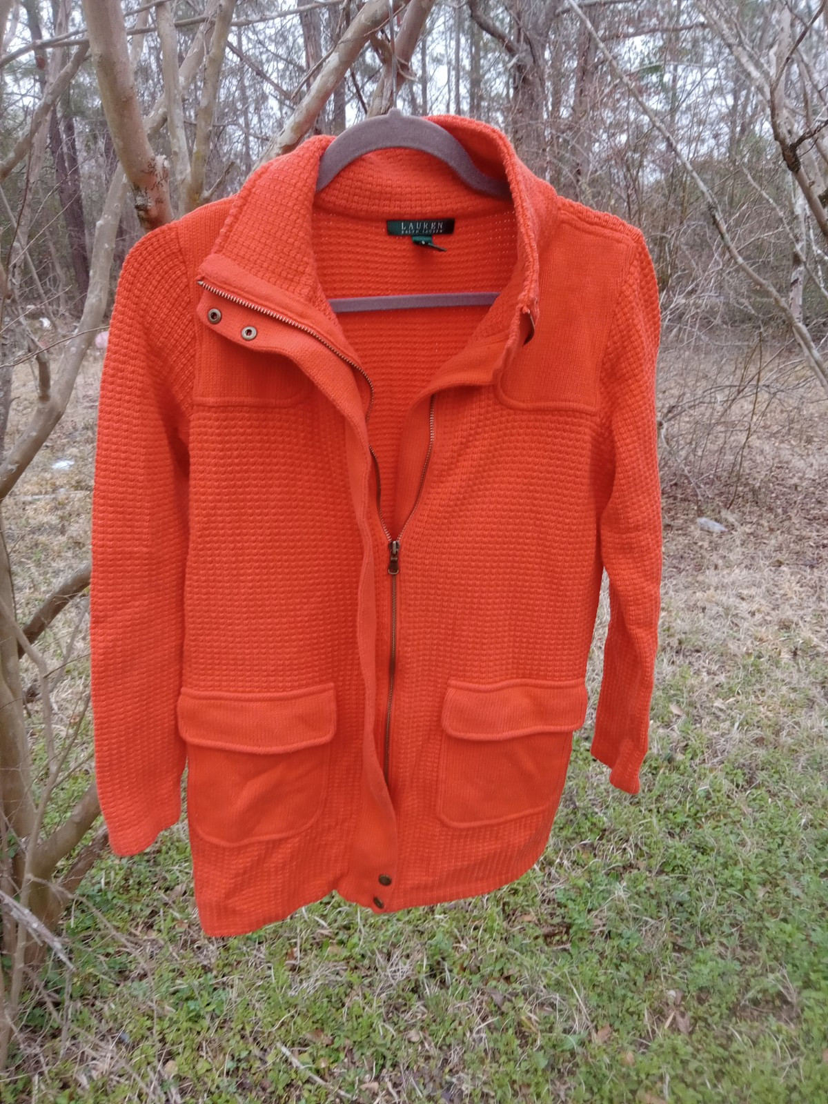 Lauren Ralph Lauren Snap Zipper Waffle Knit Sweater Jacket  Pockets  Small