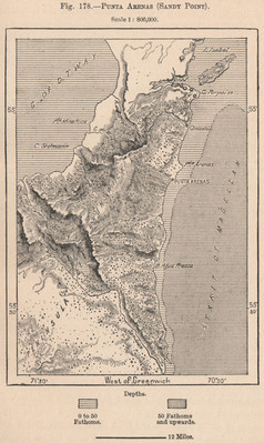 Punta Arenas (Sandy Point). Chile 1885 alte antike Vintage Landkarte Plankarte