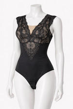 SHAPERIN Women Shapewear Lace Bodysuit Tummy Control Sculpting Thong Deep V Blac