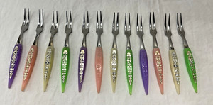 12 Vintage Cocktail Forks Stainless Steel Tines 4" Bar Accessories