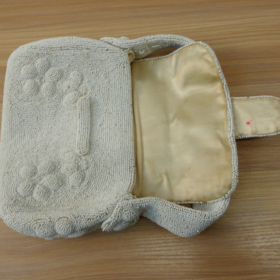 50s Vintage Beaded Purse Women Off White Floral Evening Wedding French Flap Bag - Image 3 of 4
