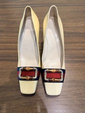 Gucci Cream Patent Leather Bamboo Green & Red Stripe Pumps size 7.5
