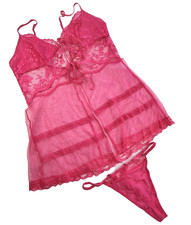 Vintage Victoria s Secret Pink Lace Babydoll Chemise Thong Set Sz M Sheer Y2K