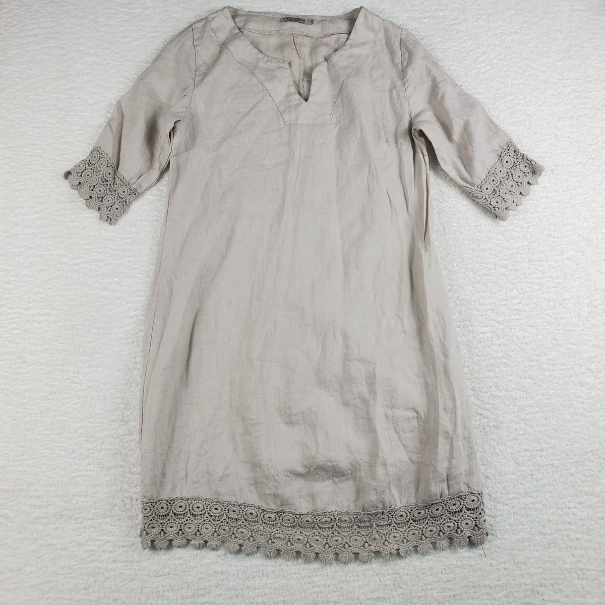 Alessia Pacini Women's Dress XS Italian 100% Linen Beige Crochet