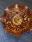VTG. Fenton Grape Vine&Leaves Marigold Fluted Ruffled Carnival Glass Footed Bowl