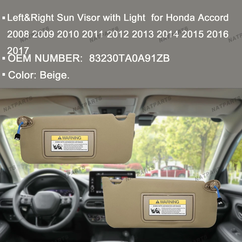 Пара бежевых солнцезащитных козырьков с подсветкой подходит для 08–17 Honda Accord 83230TA0A91ZB - Изображение 2 из 4