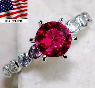 2CT Treated Ruby & White Topaz 925 Solid Sterling Silver Ring Sz 7 JB2-2