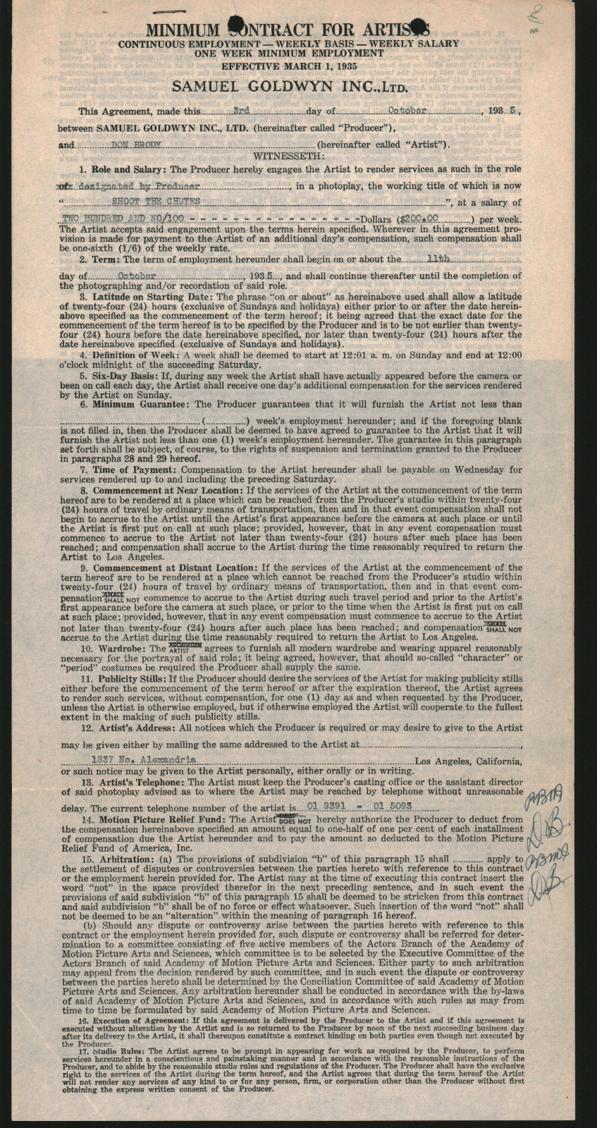 STRIKE ME PINK / Don Brodie 1935 signed artist contract document for film  role | eBay