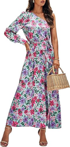 NWT $48 SIZE LARGE KIRUNDO Women's Satin Long Sleeve One Shoulder Maxi Dress - 第 1/7 張圖片
