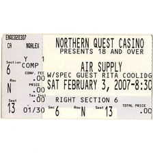 AIR SUPPLY & RITA COOLIDGE Concert Ticket Stub AIRWAY HEIGHTS, WA 2/3/07 CASINO
