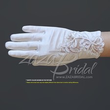 Girl's Satin Gloves with Floral Embroidery Lace  Pearls