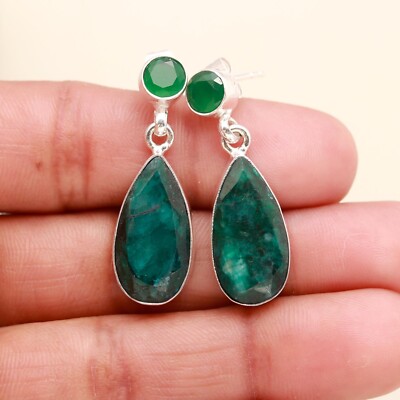 Lab Created Emerald Gemstone 925 Sterling Silver Stud Dangle Earring Jewelry