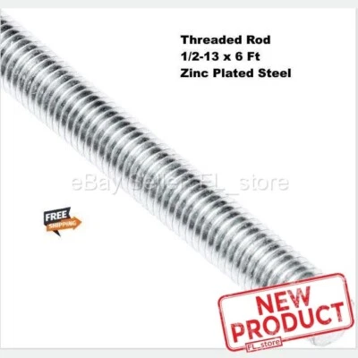 FABORY THREADED ROD Threaded Rod 1/2-13 x 6 Feet All Thread Zinc Plated Steel 72" Long Full NEW