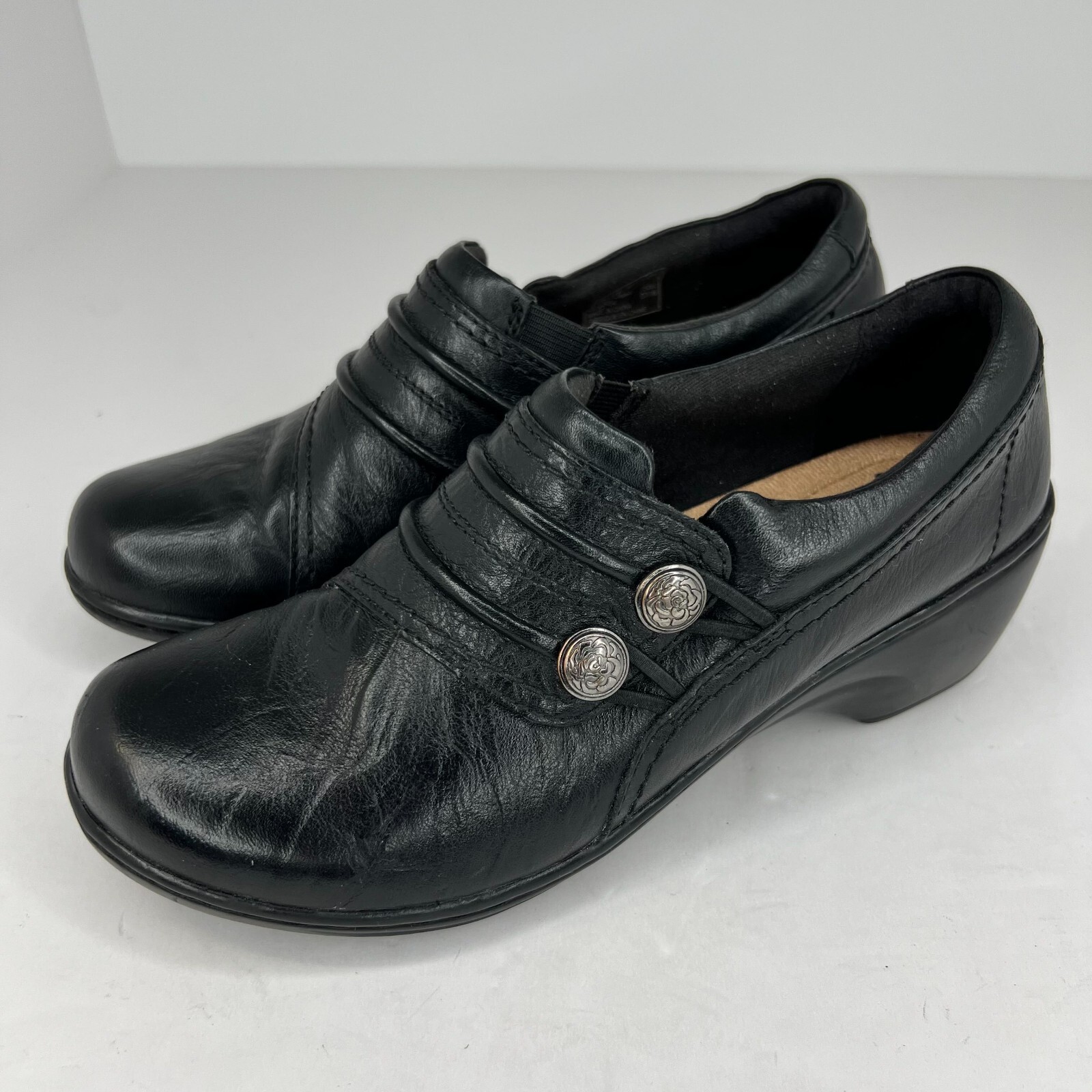 Clarks Womens 15260 Black Comfort Soft Cushion Leather Slip On Size 6.5 M Loafer