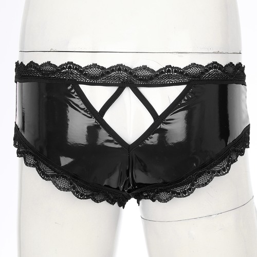 Men's Leather Hollow Out Sissy Lace Trim Briefs Sexy Low Waist Panties Underwear - Picture 13 of 32
