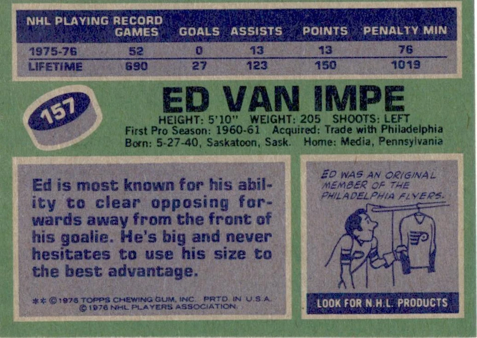 1976 Topps #157 Ed Van Impe Pittsburgh Penguins VG-EX - Image 2 of 2