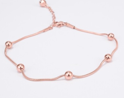 Women Girl Titanium Stainless Steel Rose Gold Bead Bell Anklet Bracelet 7.6-9.5''