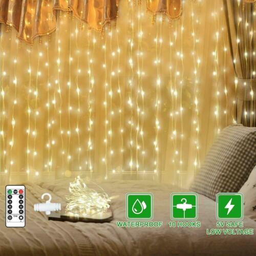300 LEDs Fairy String Curtain Light Window Wedding Party Decor Remote Indoor UK - Picture 1 of 16