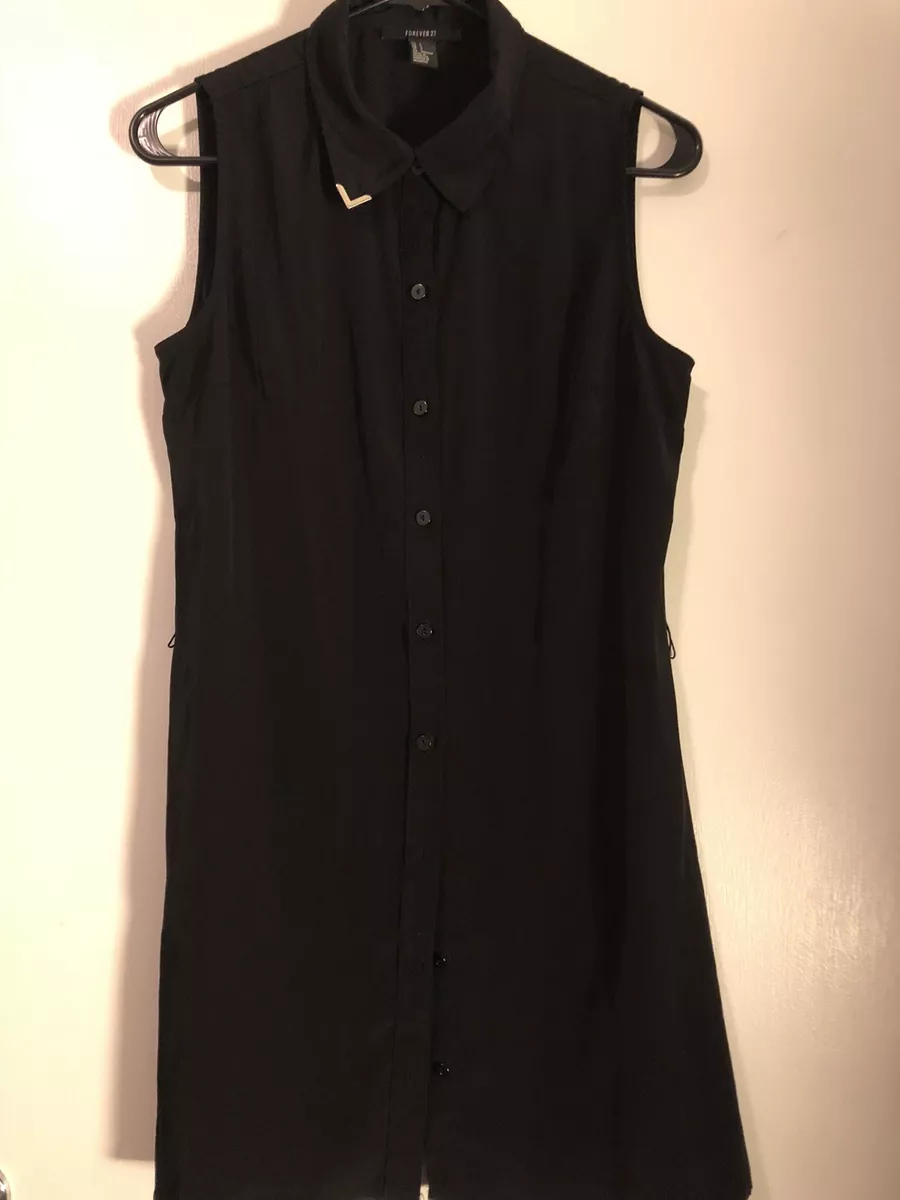 Cute Forever 21 Black Sleevesless Button Down Shirt Dress Gold Collar Detail S