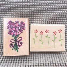 Inkadinkado Wood Mounted Rubber Stamp 2 pc Lot Long Stem Flowers Bouquet Roses
