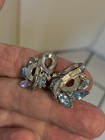 Trifari Design Pat Pend light blue rhinestone clip earrings — photo 8