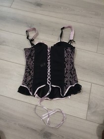 Vintage Ann Summers Black & Dusky Pink Boned Corset Top Size 8-10