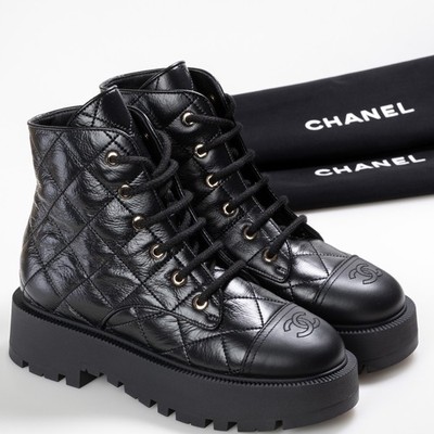 CHANEL Women Ankle Boots Black Leather Lace Up Round Toe Logo