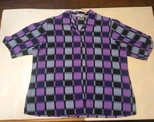 NOTATIONS Womens 1X Grey & Purple Print Short-sleeve Button-down Blouse