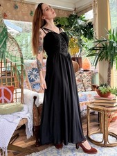 Vintage 1970s cocktail Dress black size 14 long maxi diamanté and Strappy Detail