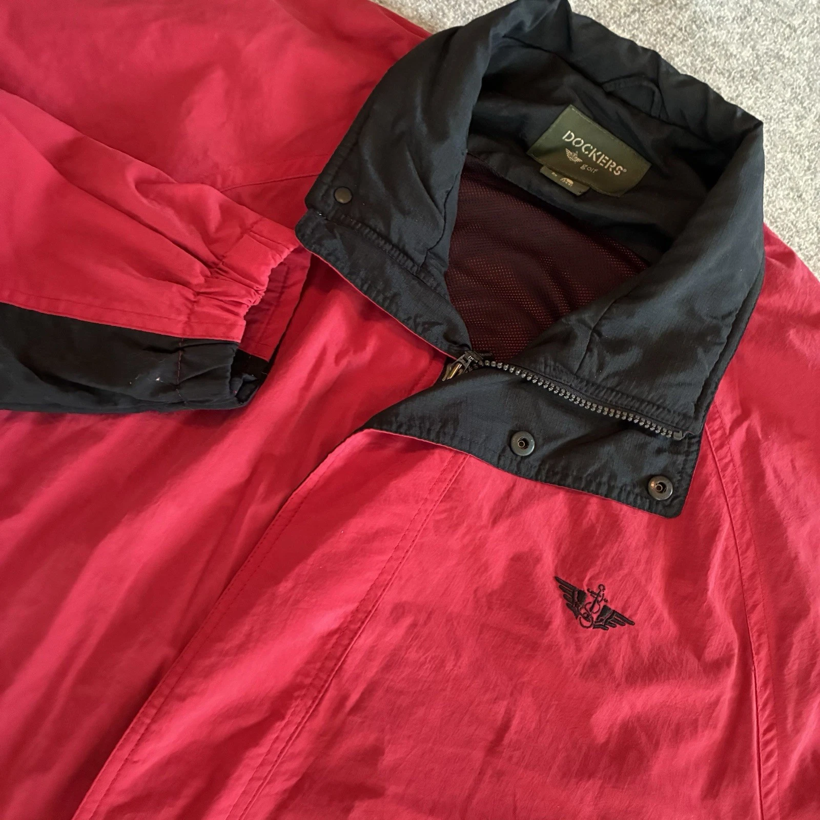 Dockers Golf Mens Windbreaker Jacket Large Red & Black Colorblock Vented FullZip