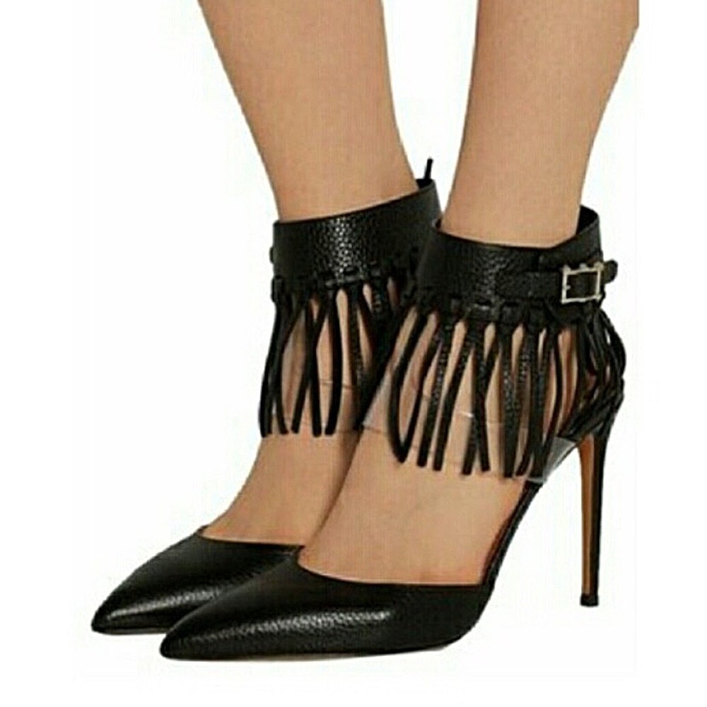VALENTINO Garavani Calfskin C Rockee Fringe Pumps 37.5 7.5 US Black Ankle Wrap thumbnail 14