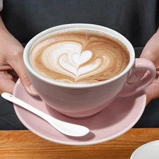 DeeCoo 8oz White Cappuccino Mug- Large Ceramic Coffee Cup with Saucer - Micro...