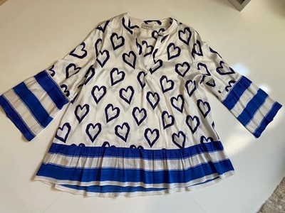 Bluse Weiß Blau Wie Neu Gr. S/M Grace NP 169  Satinoptik Herz  