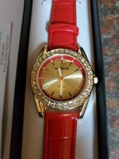 Manhattan by Croton Ladies Quartz Watch red leather with rhinestones