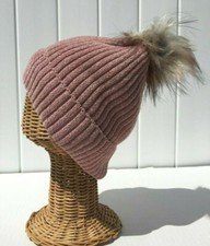 Blush Chenille Knit Faux Fur Pom Beanie Hat Plush Lining Stretchy Cuffed Cap K