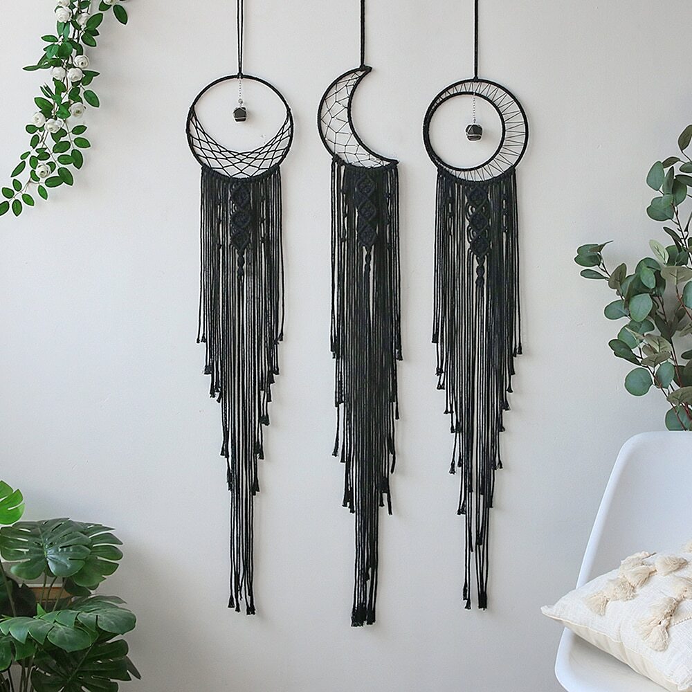 Moon Star Dream Catcher Set - 2pcs Boho Macrame Wall Hanging With LED Lights, Blue Cotton Decor For Bedroom, Nursery, Gift
