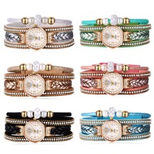 Women Retro Braided Leather Strap Quartz Wrist Watch Multi-layer Beaded Bracelet