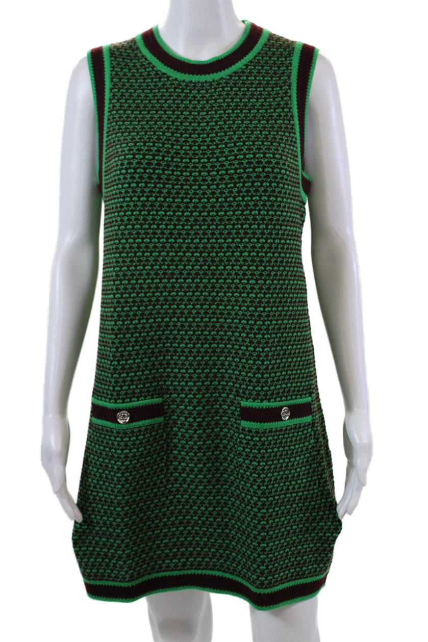 Abito donna Chanel girocollo maglia cashmere mini tasche verde marrone FR 40 23A
