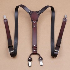 Adult 4-Clip Silver Clips Top-Grain Cowhide Leather Braces Adjustable Suspenders