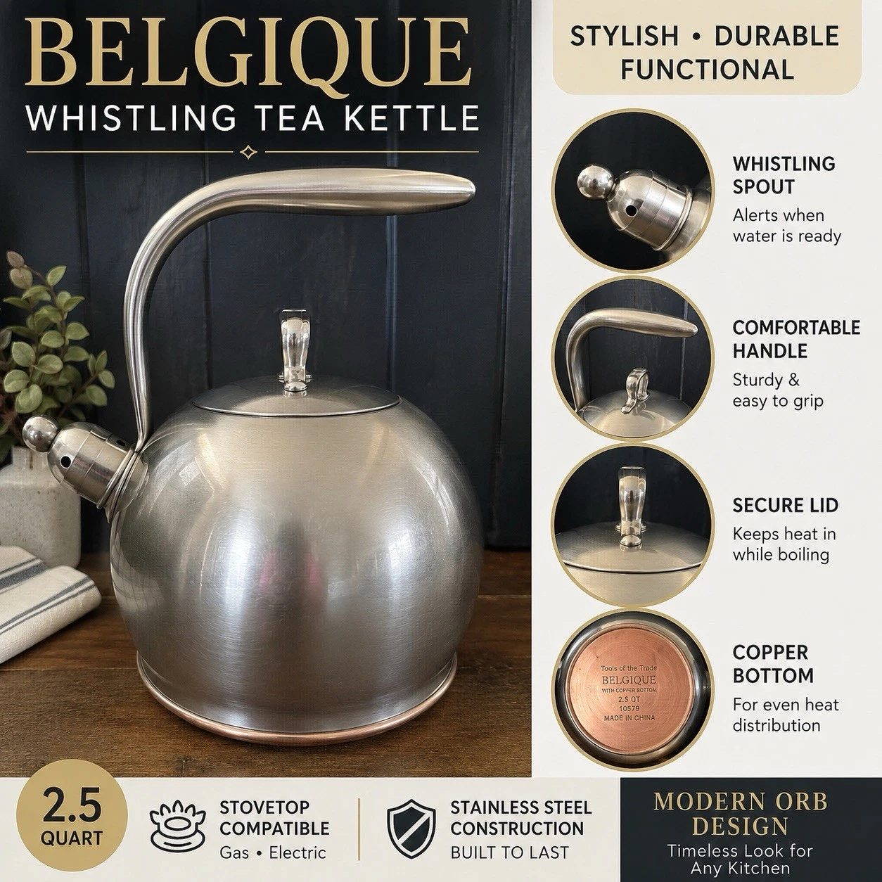 Belgique 2.5 Qt Stainless Steel Whistling Tea Kettle Copper Bottom Modern Orb ▣