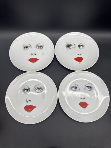 VTG 70’s Royal Crown Foxy Lady 8” Porcelain Plates Red Lips Eyelash Wall Decor