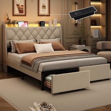 Queen Bed Frame with Storage Headboard and 2 Drawers