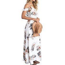 Women’s CALS White Multicolor Floral Off-Shoulder Ruffle Maxi Dress Leg Slit S