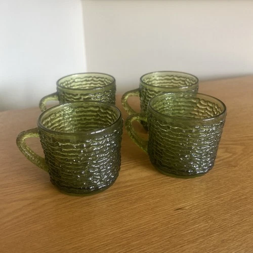 4 Anchor Hocking Soreno Green Cups Set Vintage Crinkled Coffee Tea Mugs MCM Lot