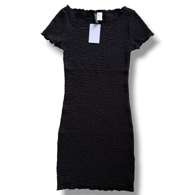 Divided H&M Women XXS Black Crinkled Overlocked Trim Short Sl Bodycon Mini Dress