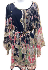 Umgee Boho Dress Womens Size Medium Blue Floral Paisley Print Bell Sleeve Lined