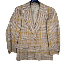 Vintage Wool Blazer Mens 38R Tan Brown Mustard Plaid Houndstooth USA Made