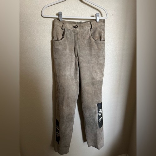 Vintage leather suede pants embroidered german oktoberfest sz XS tan