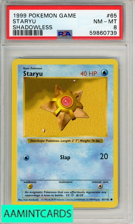 1999 POKEMON GAME STARYU #65 SHADOWLESS PSA 8 NM-MT