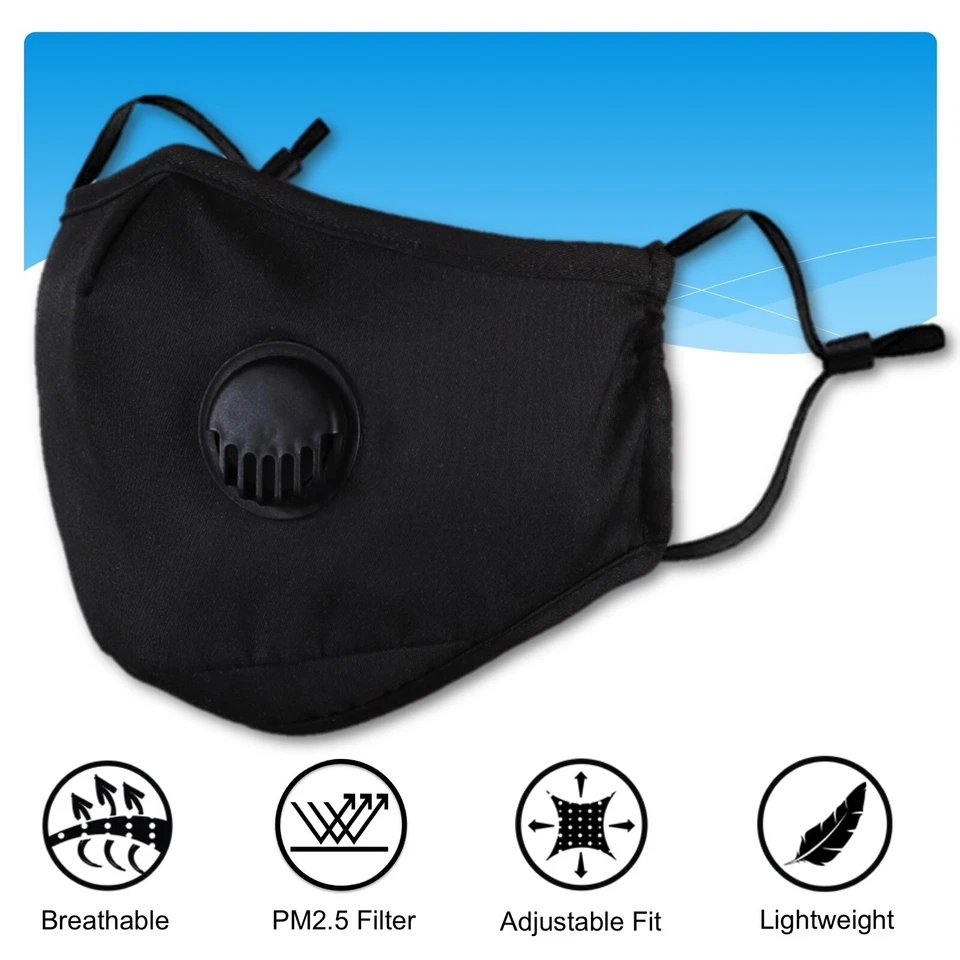 Reusable Washable Face Mask Breathing Air Valve + PM2.5 Carbon Filter (Black) - Image 3 of 4